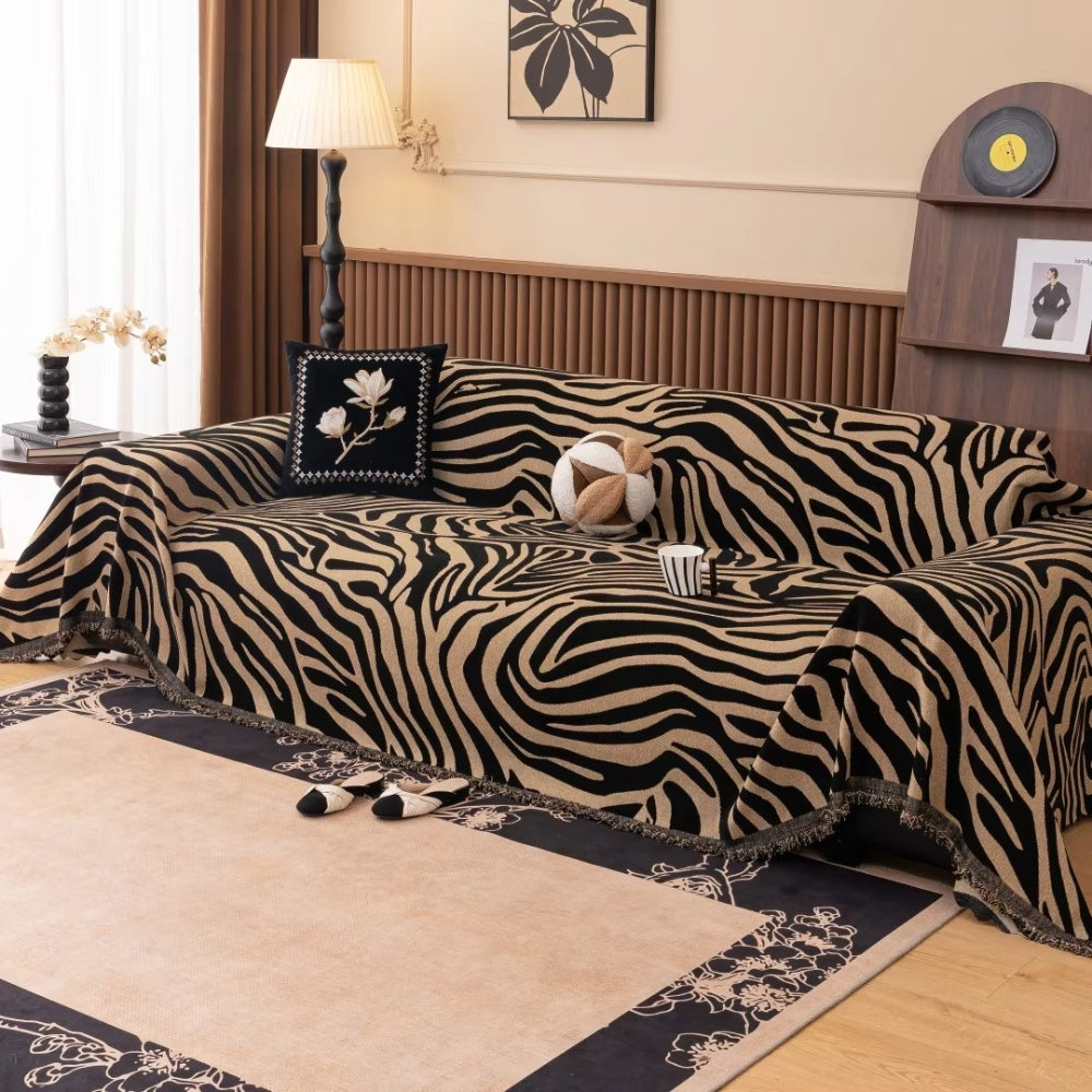 Chenille Zebra Print Sofa Cover with Tasselled Edges