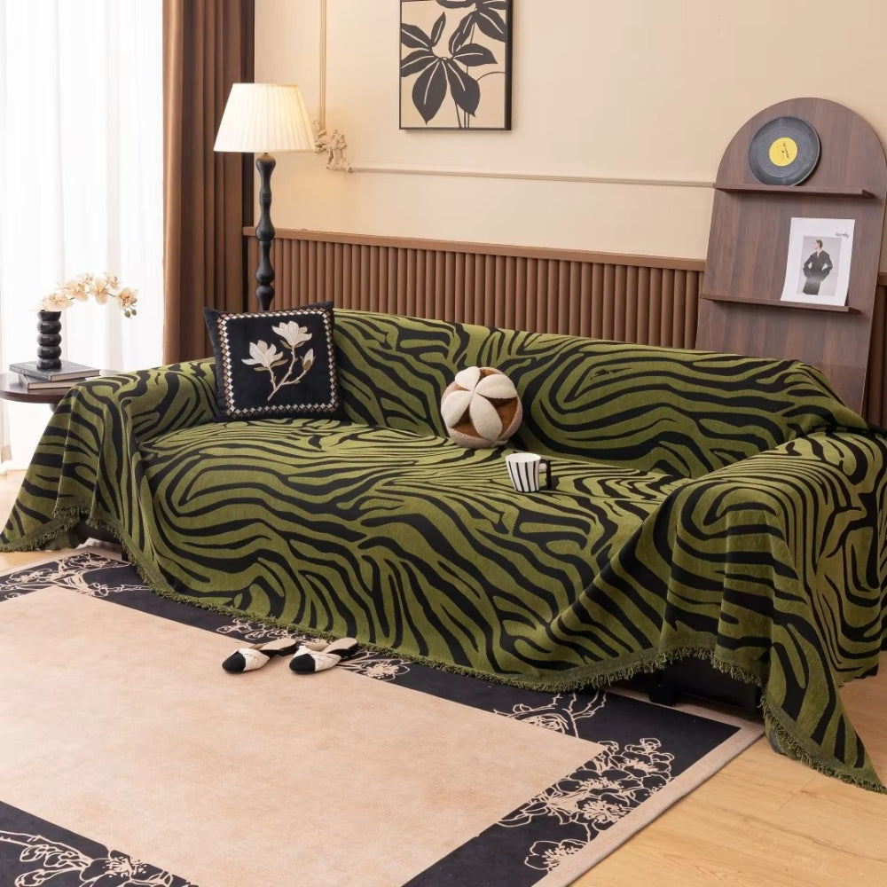 Chenille Zebra Print Sofa Cover with Tasselled Edges
