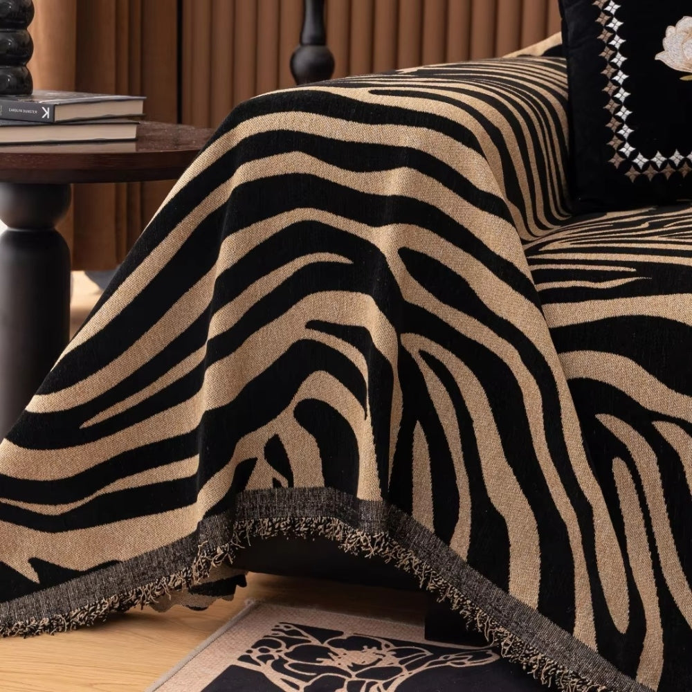 Chenille Zebra Print Sofa Cover with Tasselled Edges