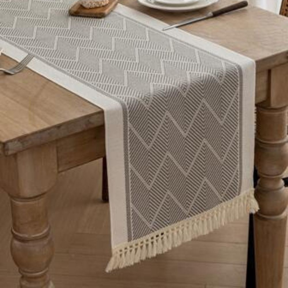 Geometric Zigzag Microfiber Table Runner with Tassels