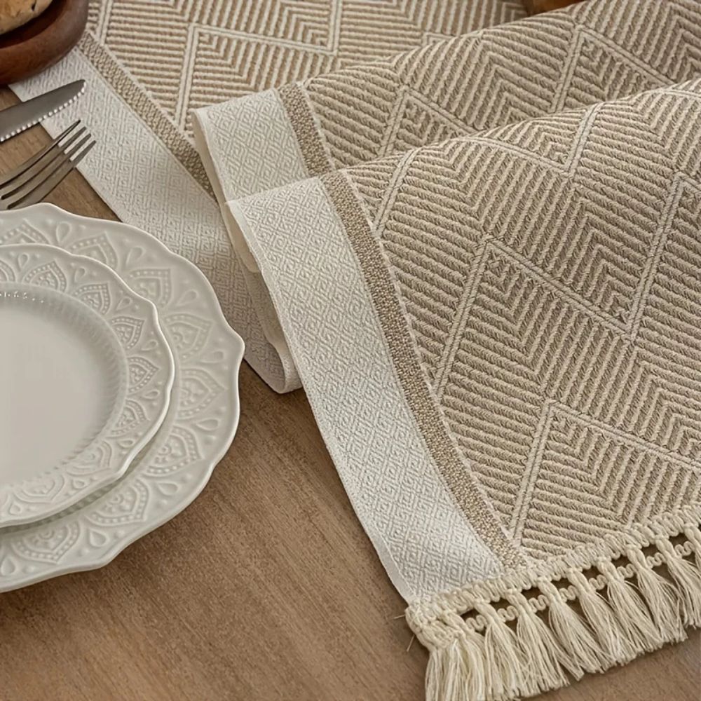 Geometric Zigzag Microfiber Table Runner with Tassels