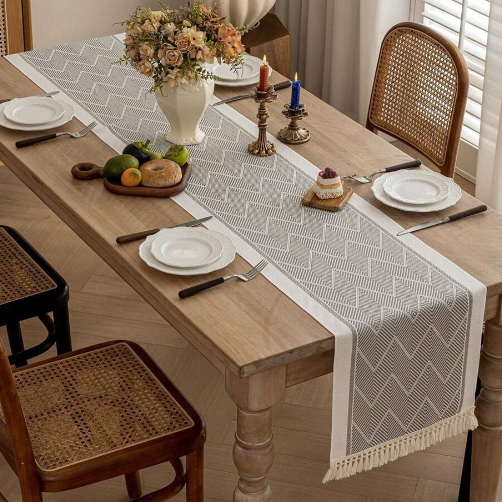 Geometric Zigzag Microfiber Table Runner with Tassels