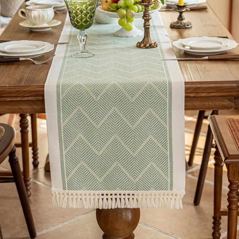 Geometric Zigzag Microfiber Table Runner with Tassels