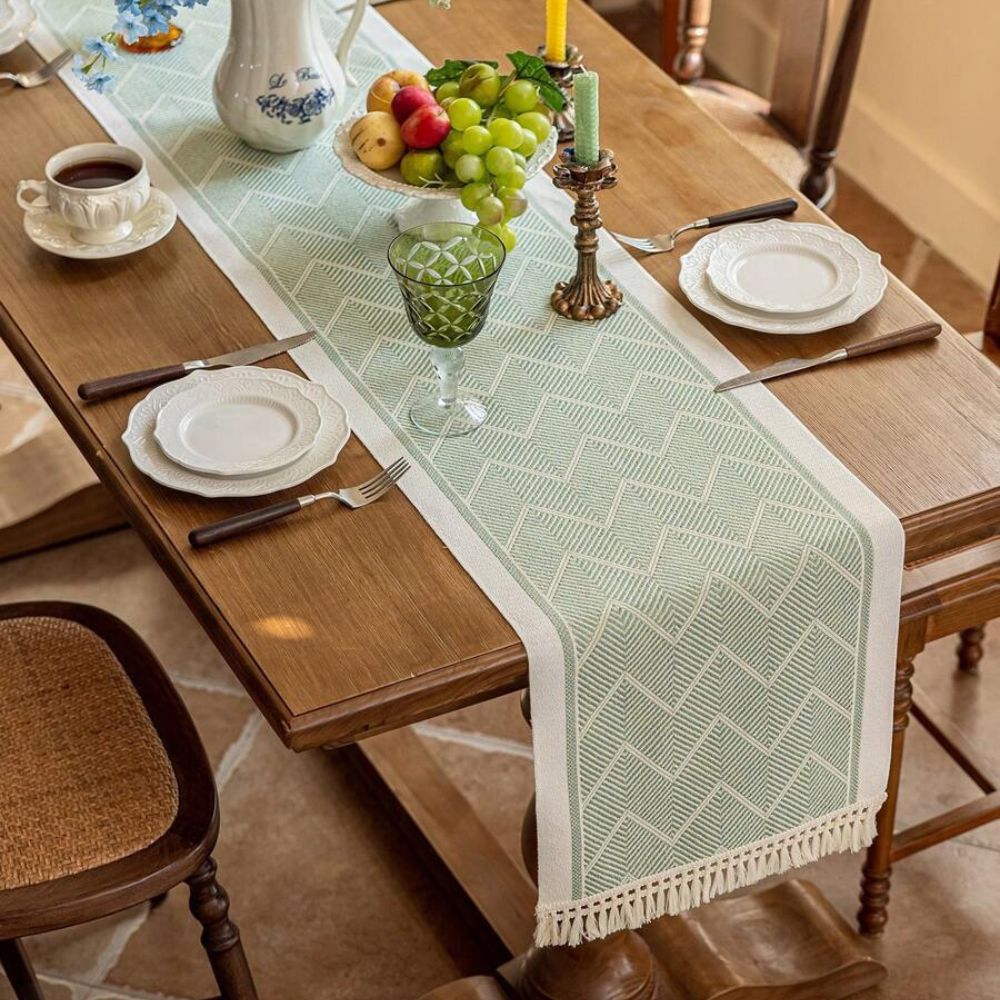 Geometric Zigzag Microfiber Table Runner with Tassels