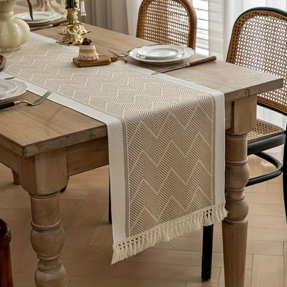 Geometric Zigzag Microfiber Table Runner with Tassels