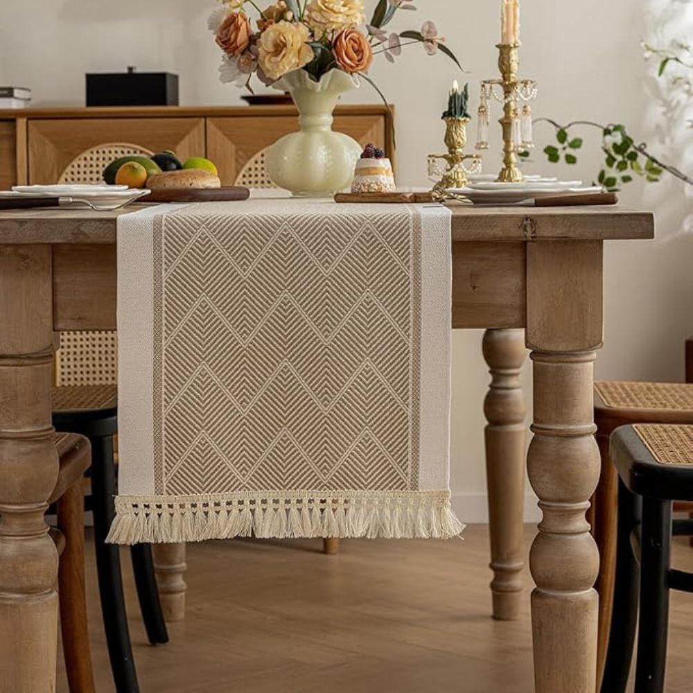 Geometric Zigzag Microfiber Table Runner with Tassels