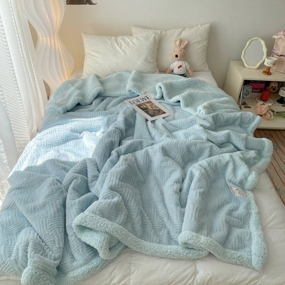Soft Jacquard Rabbit Plush Blanket with Reversible Lambskin Lining