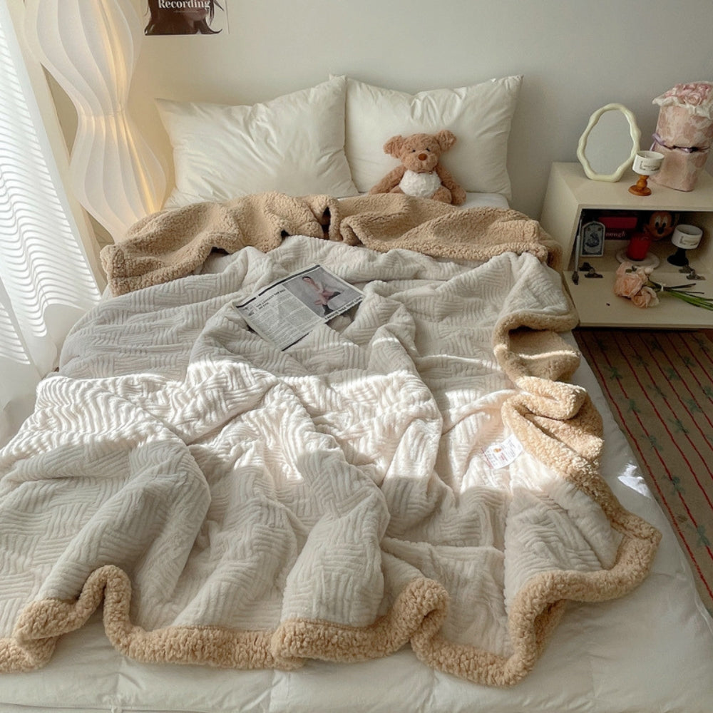 Soft Jacquard Rabbit Plush Blanket with Reversible Lambskin Lining