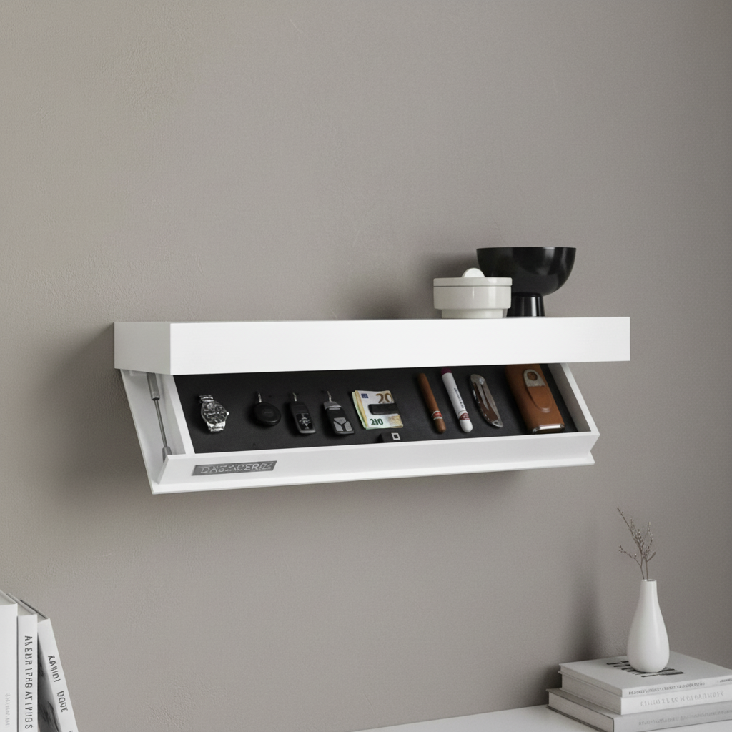 Floating Wall Shelf with Hidden Storage - Modern Wood and Metal Design