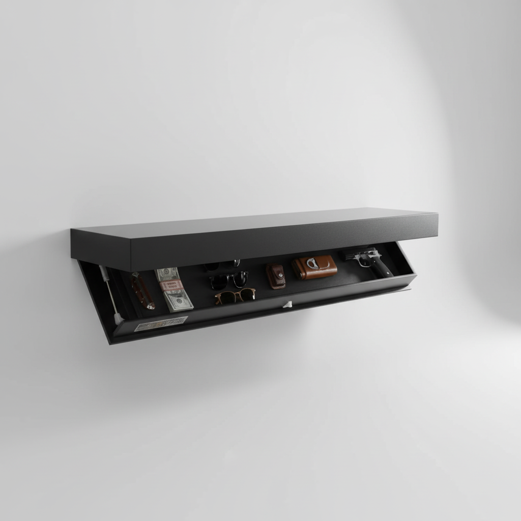 Floating Wall Shelf with Hidden Storage - Modern Wood and Metal Design