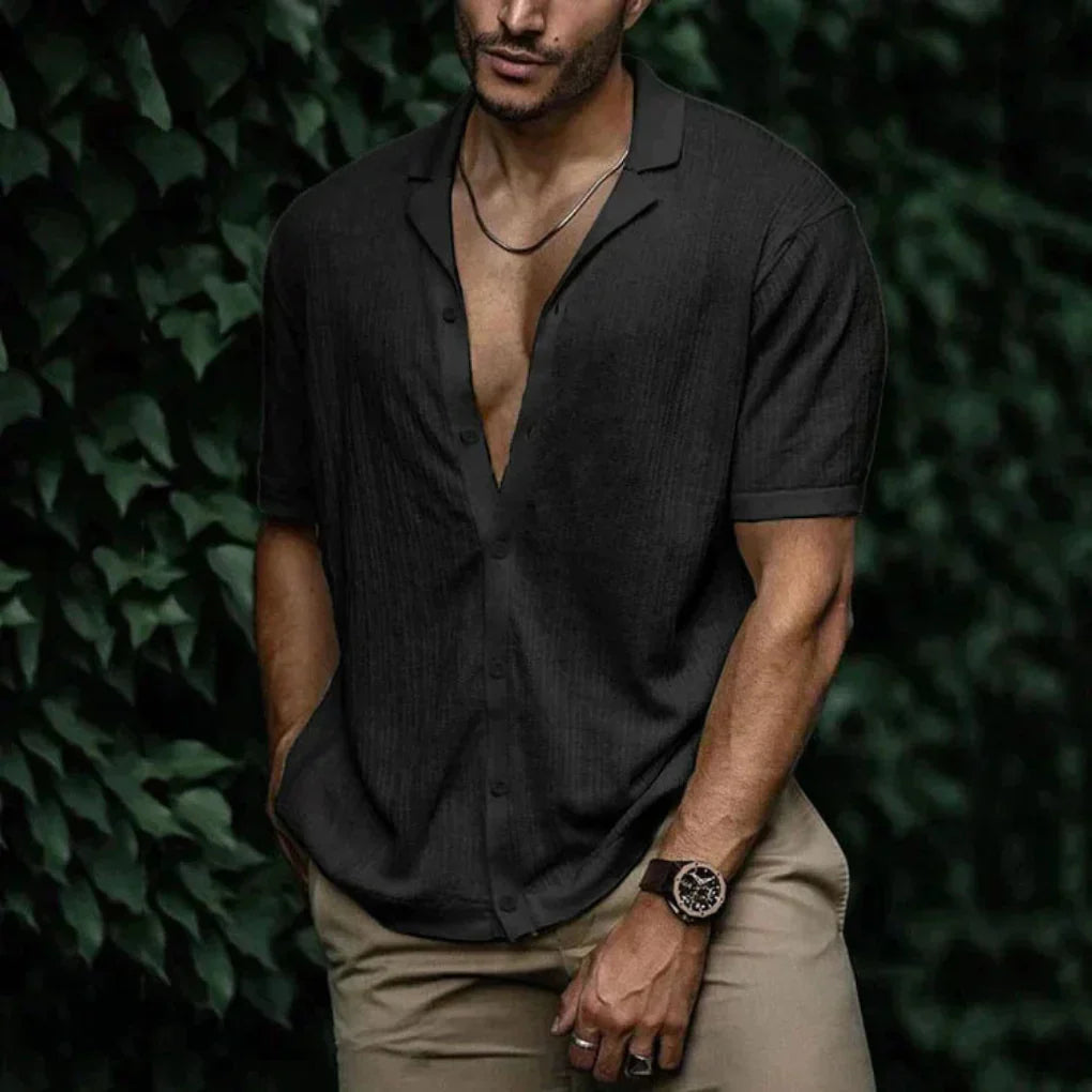 Breathable Linen Short Sleeve Men's Shirt with Button Closure