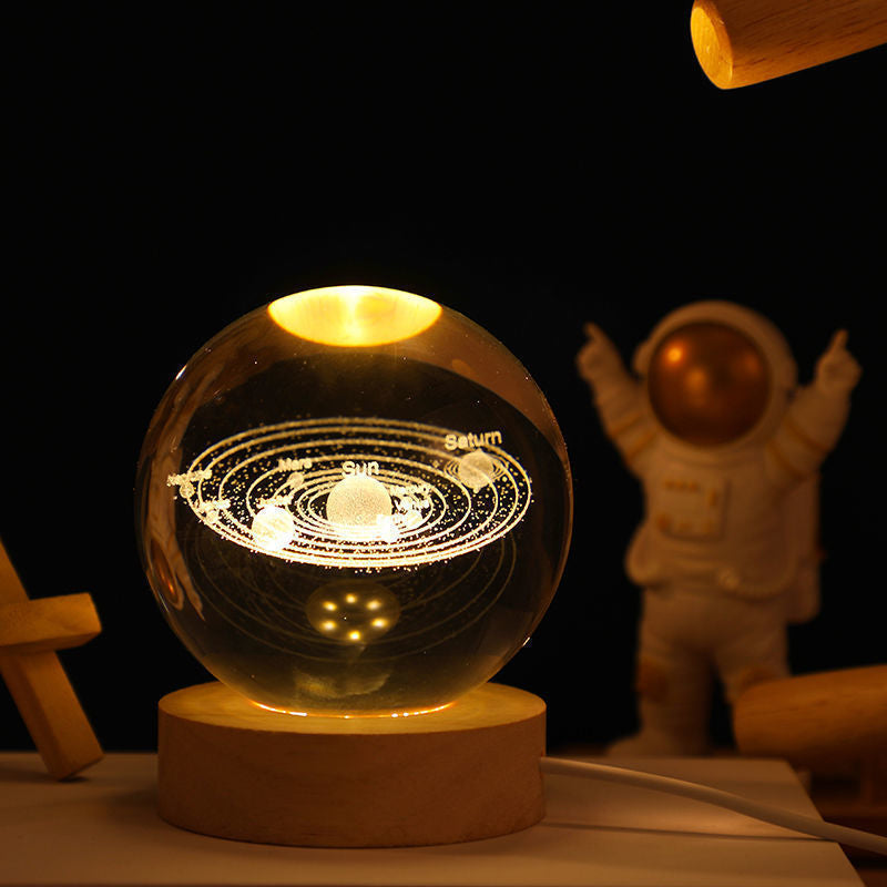 3D Solar System Crystal Ball Night Light with Wooden Base