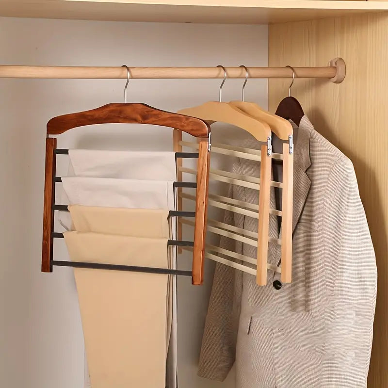 Space-Saving Wooden Multi-Pants Hanger with Metal Clips