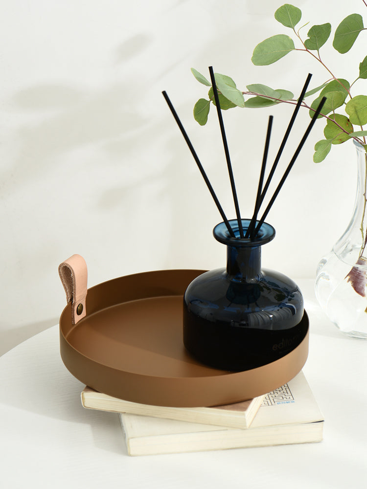 Nordic Style Leather Handle Round Wrought Iron Tray