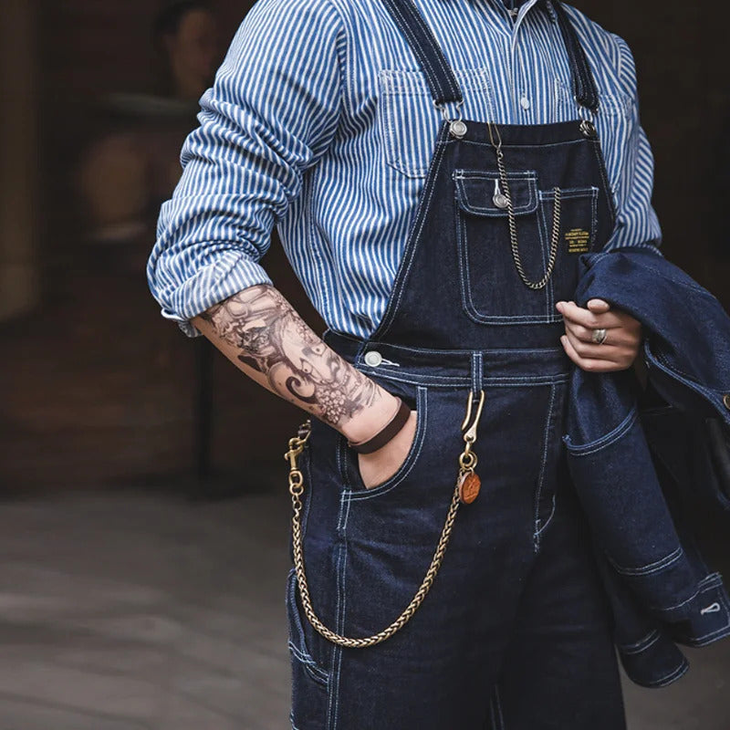 Men's Slim Fit Vintage Indigo Denim Overalls with Pockets