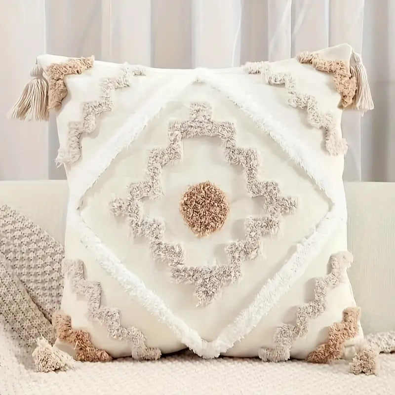 Bohemian Geometric Tufted Pillow Cover with Tassels