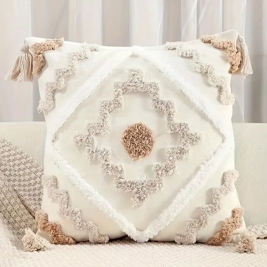 Bohemian Geometric Tufted Pillow Cover with Tassels