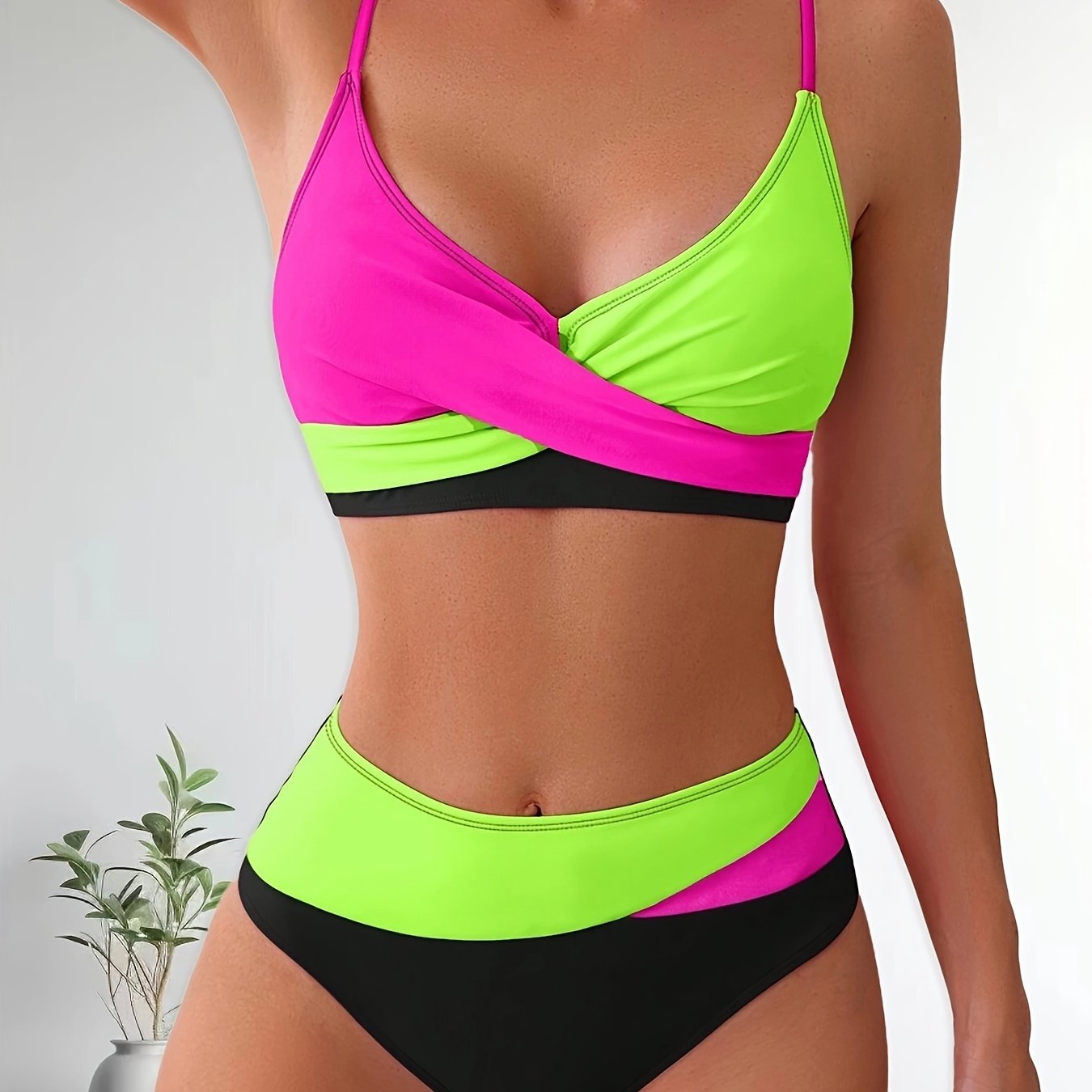 Patchwork V-Neck Bikini Swimsuit with Adjustable Straps
