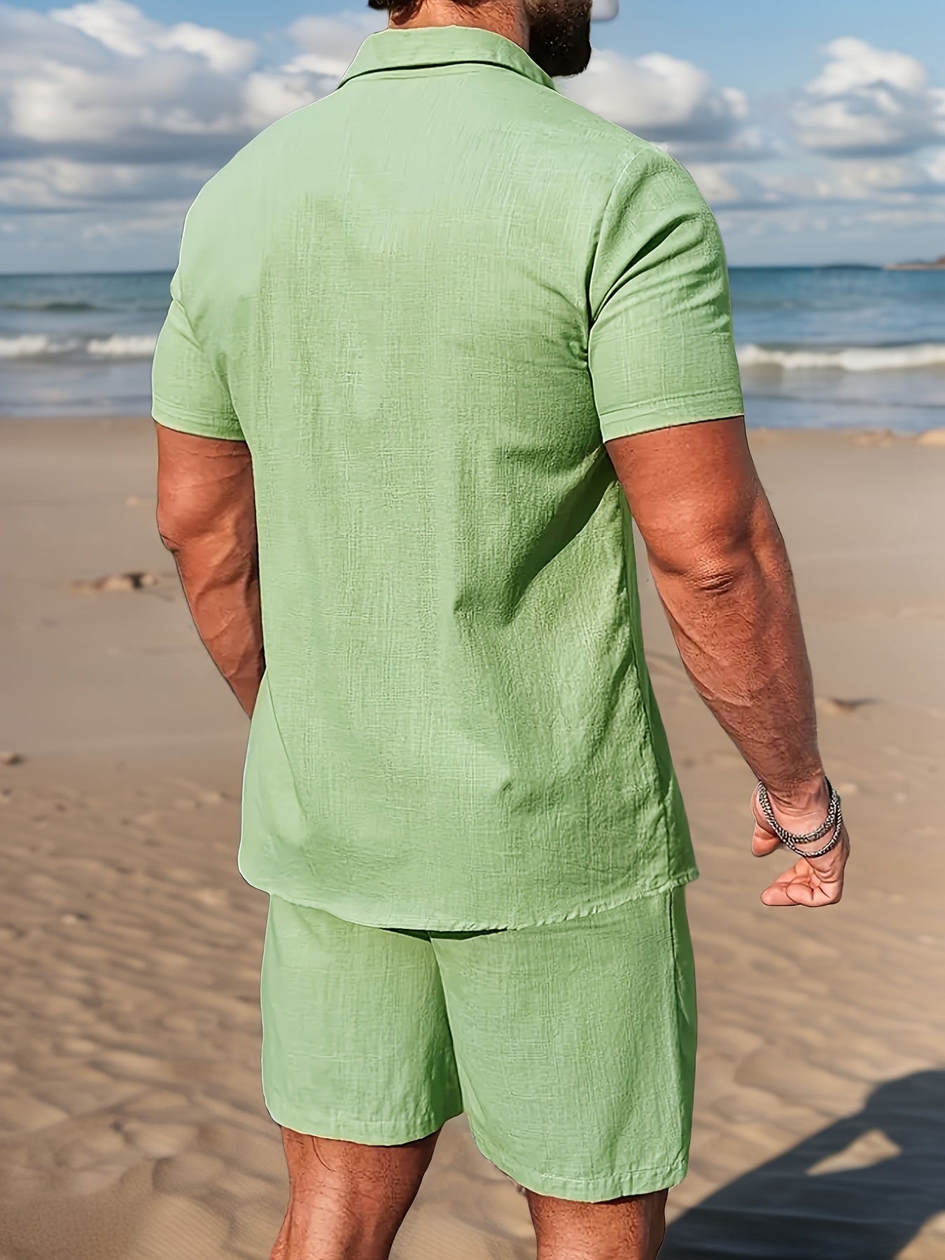Linen Look Short Sleeve Summer Set for Men with Elastic Waist Shorts