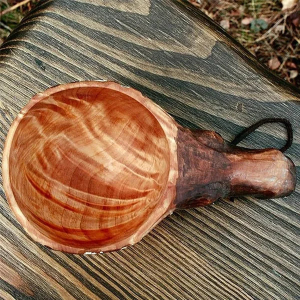 Handcrafted Rubber Wood Travel Cup with Leather Strap