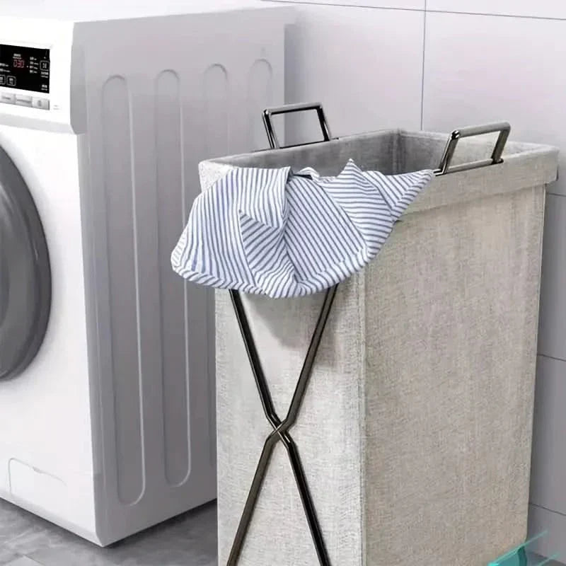 Foldable Laundry Basket with Metal Frame and Woven Fabric