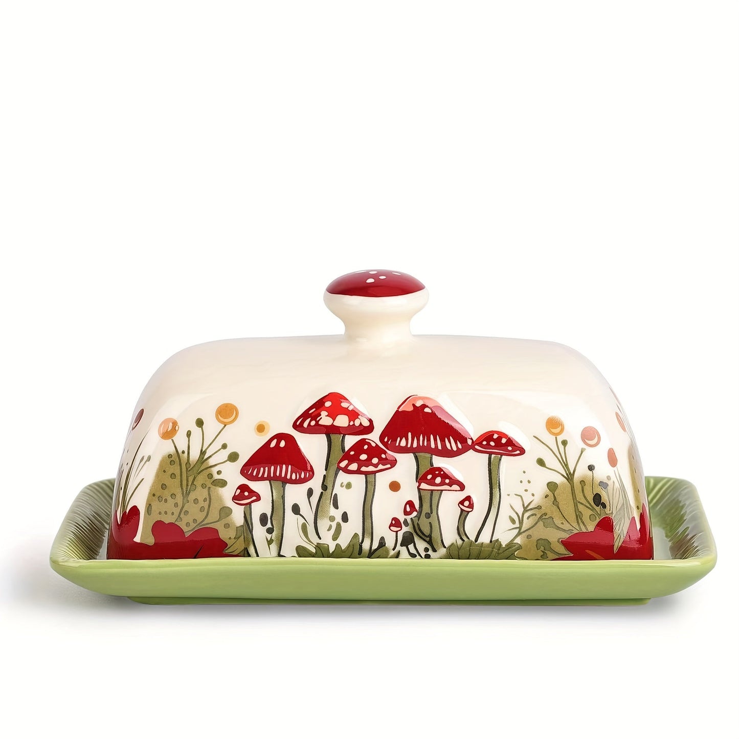 Ceramic Butter Dish with Lid - Hand-Painted Mushroom Design