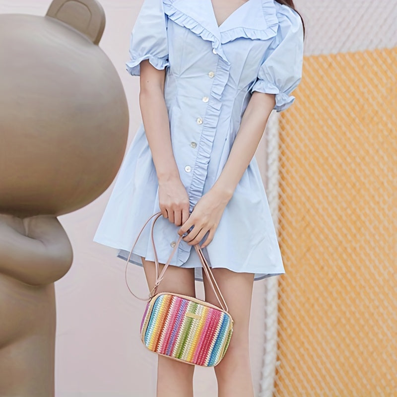 Woven Striped Shoulder Bag for Women with Zipper Closure