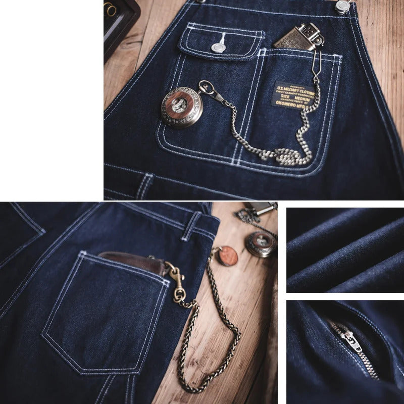 Men's Slim Fit Vintage Indigo Denim Overalls with Pockets
