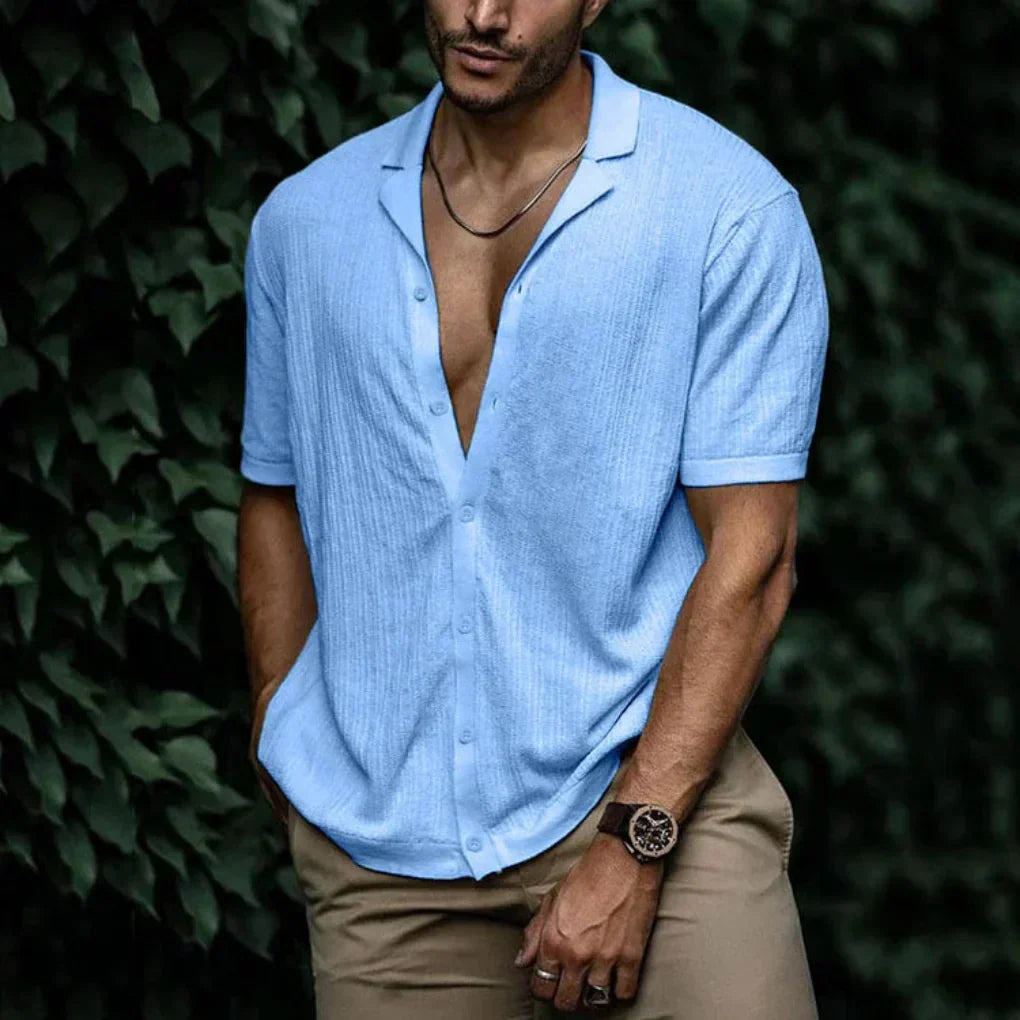 Breathable Linen Short Sleeve Men's Shirt with Button Closure