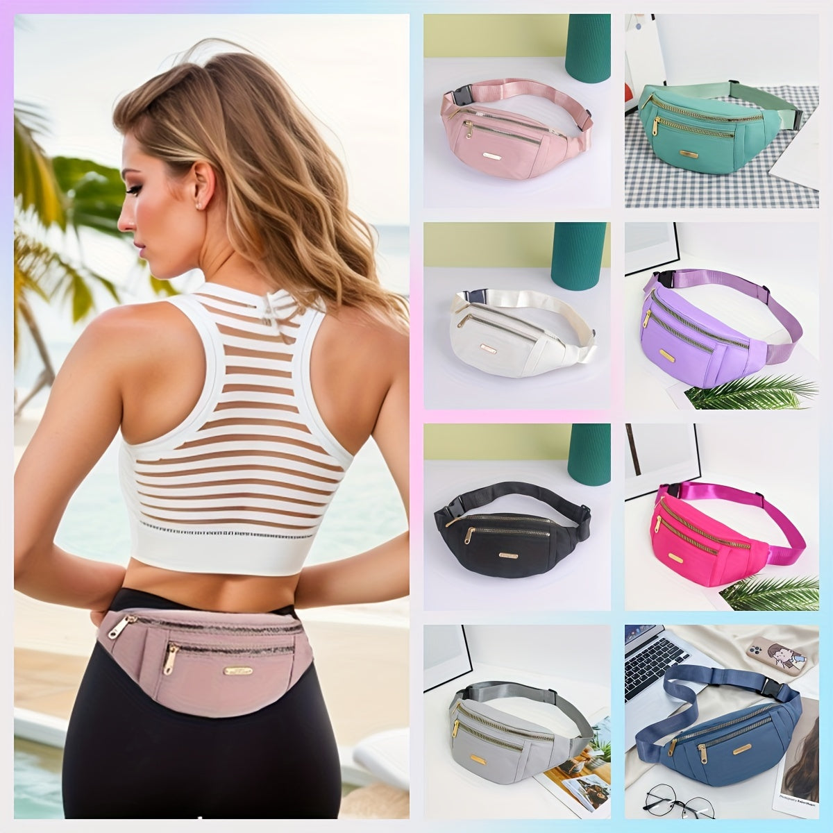 Lightweight Nylon Hip Pouch with Adjustable Strap and Zippered Pockets