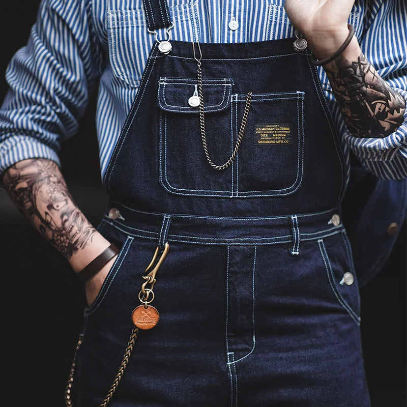 Men's Slim Fit Vintage Indigo Denim Overalls with Pockets