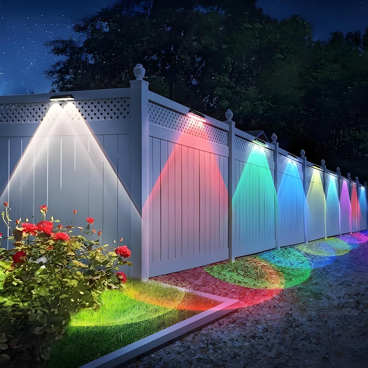 Solar LED Fence Lights with RGB Color Changing and Warm White Options, Waterproof Outdoor Deck Lighting