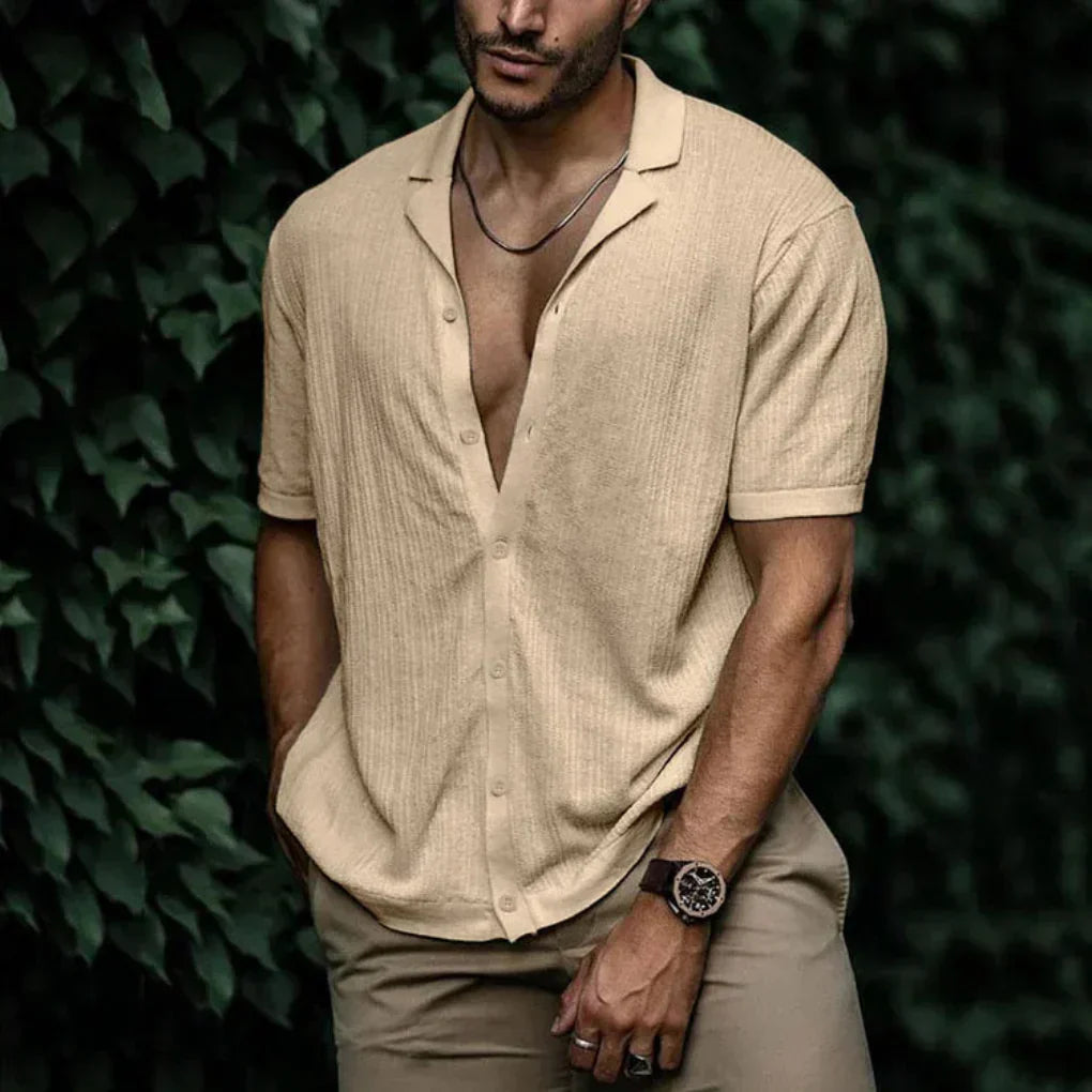 Breathable Linen Short Sleeve Men's Shirt with Button Closure