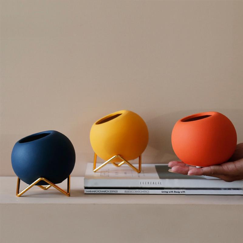 Abstract Colors Ceramic Flower Pots with Stand - Modern Planters in Blue, Yellow, Orange