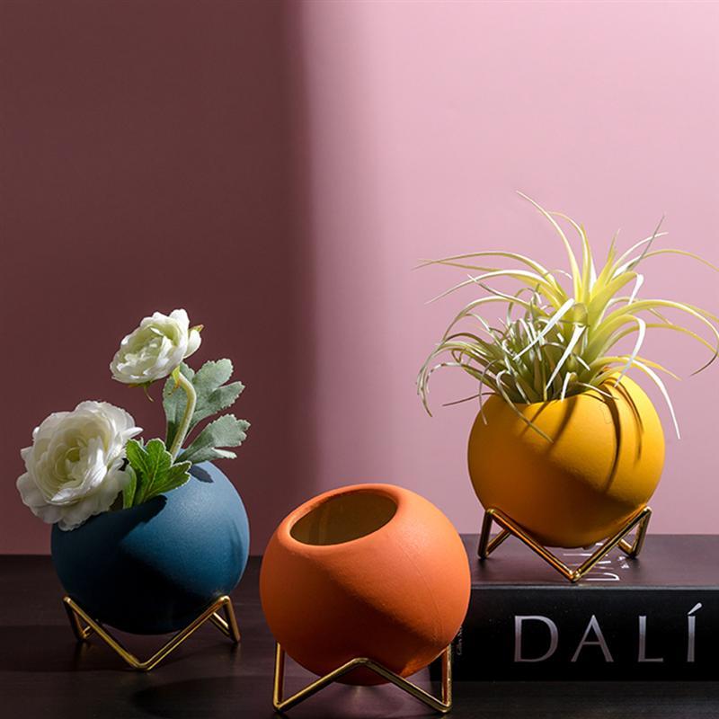 Abstract Colors Ceramic Flower Pots with Stand - Modern Planters in Blue, Yellow, Orange
