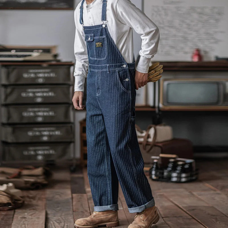 Men's Slim Fit Vintage Indigo Denim Overalls with Pockets