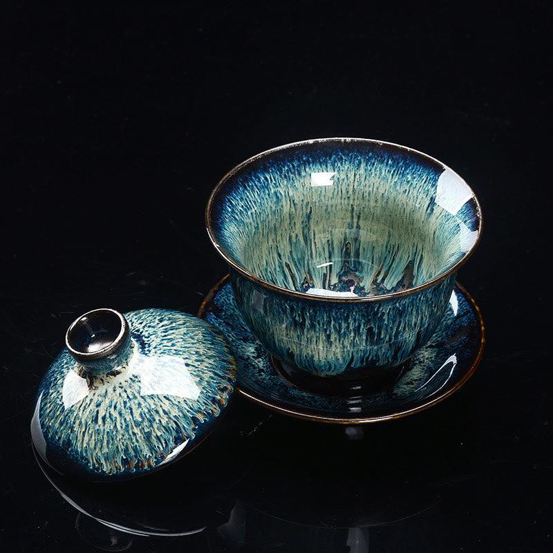 Vintage Ceramic Gaiwan Tea Cup and Saucer Set with Lid