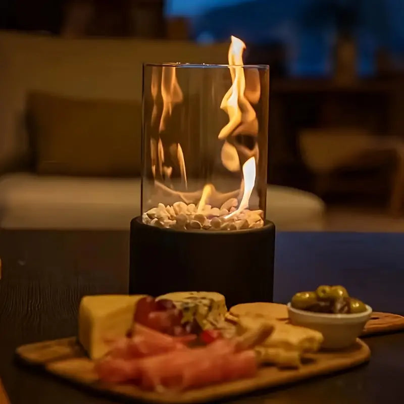Modern Portable Ethanol Fireplace with Glass and Metal Base