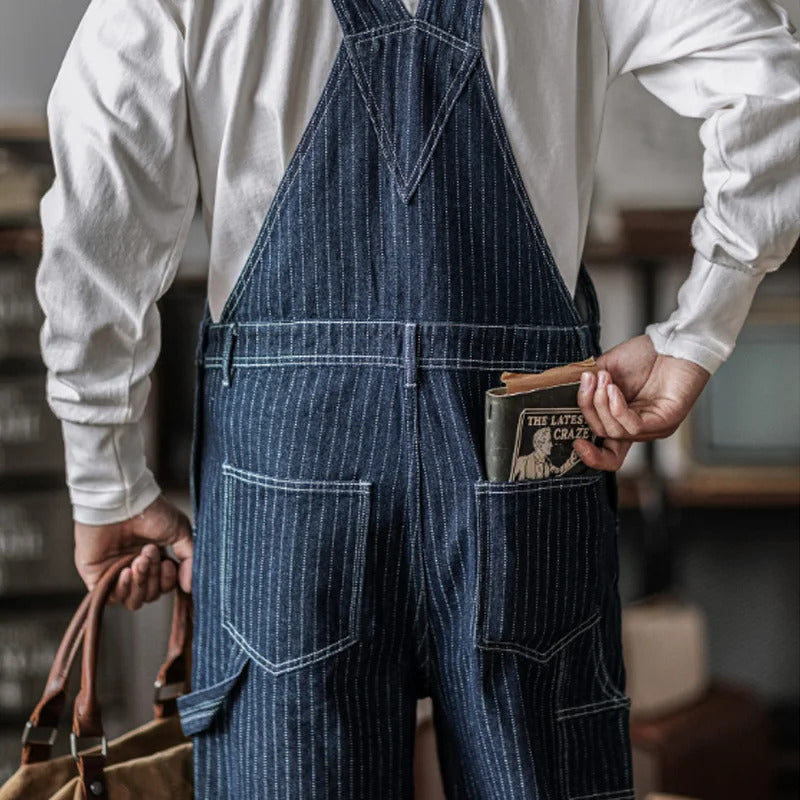Men's Slim Fit Vintage Indigo Denim Overalls with Pockets