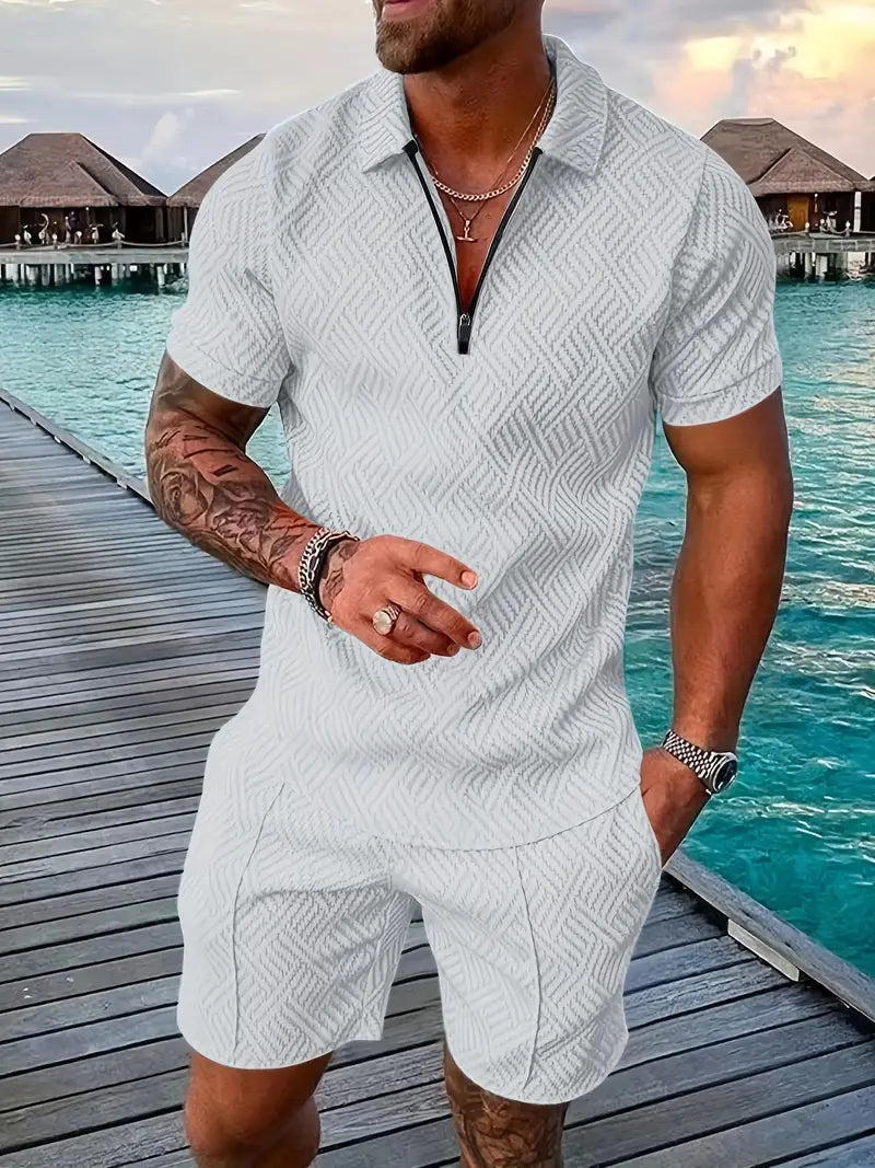 Geometric Pattern Men's Summer Polo and Shorts Set