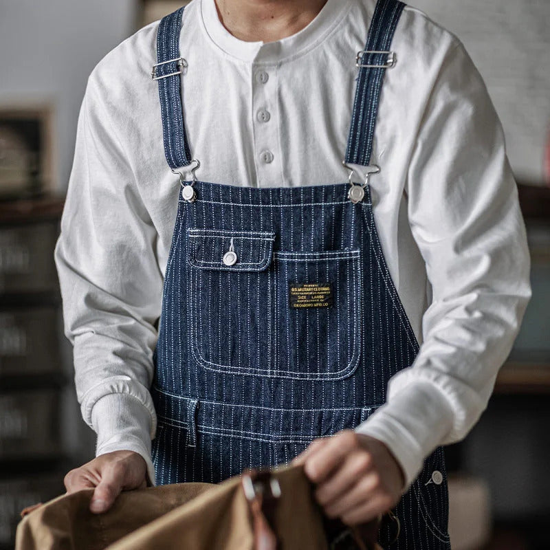 Men's Slim Fit Vintage Indigo Denim Overalls with Pockets