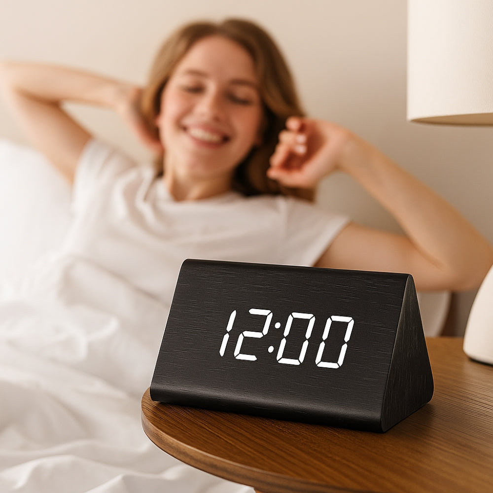 Wooden Triangle LED Alarm Clock with Temperature and Humidity Display