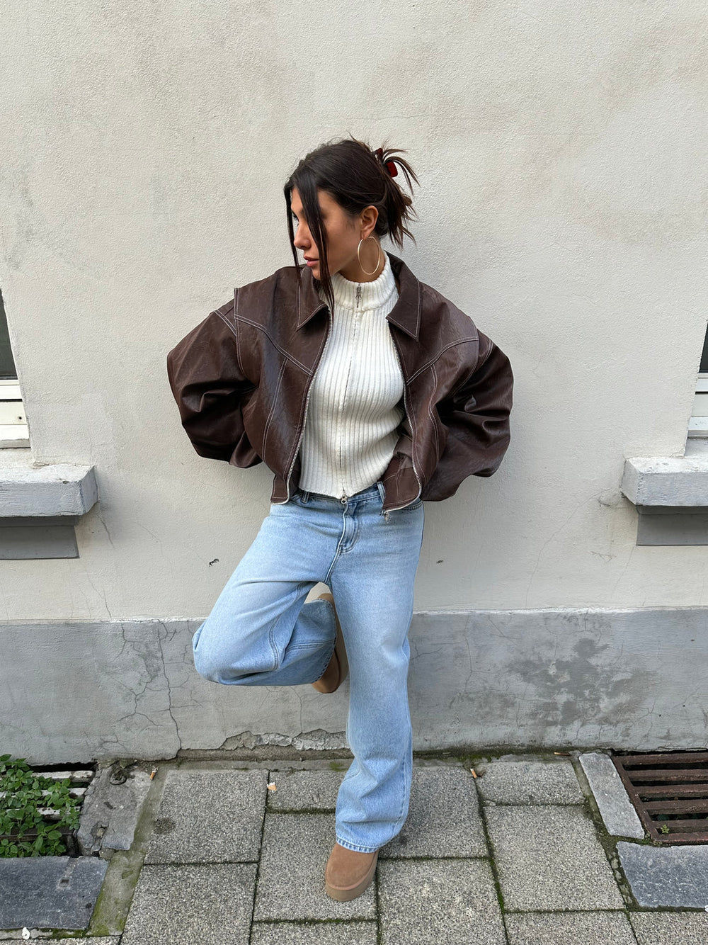 Oversized Vintage Leather Jacket with Cool Zippers
