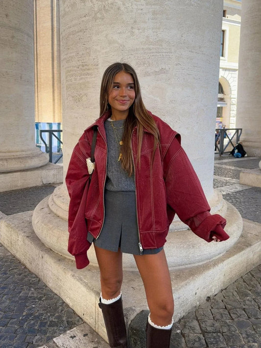 Oversized Vintage Leather Jacket with Cool Zippers