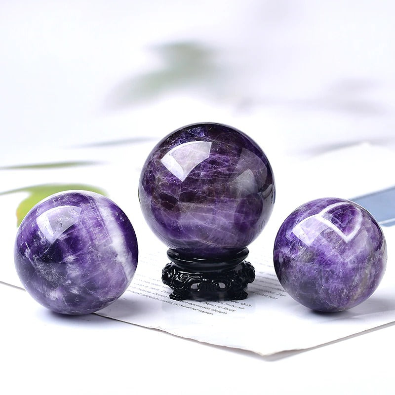 Natural Amethyst Crystal Sphere with Wooden Stand