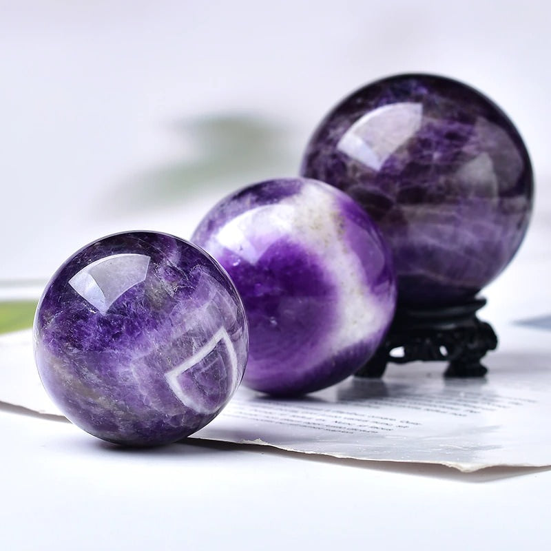 Natural Amethyst Crystal Sphere with Wooden Stand