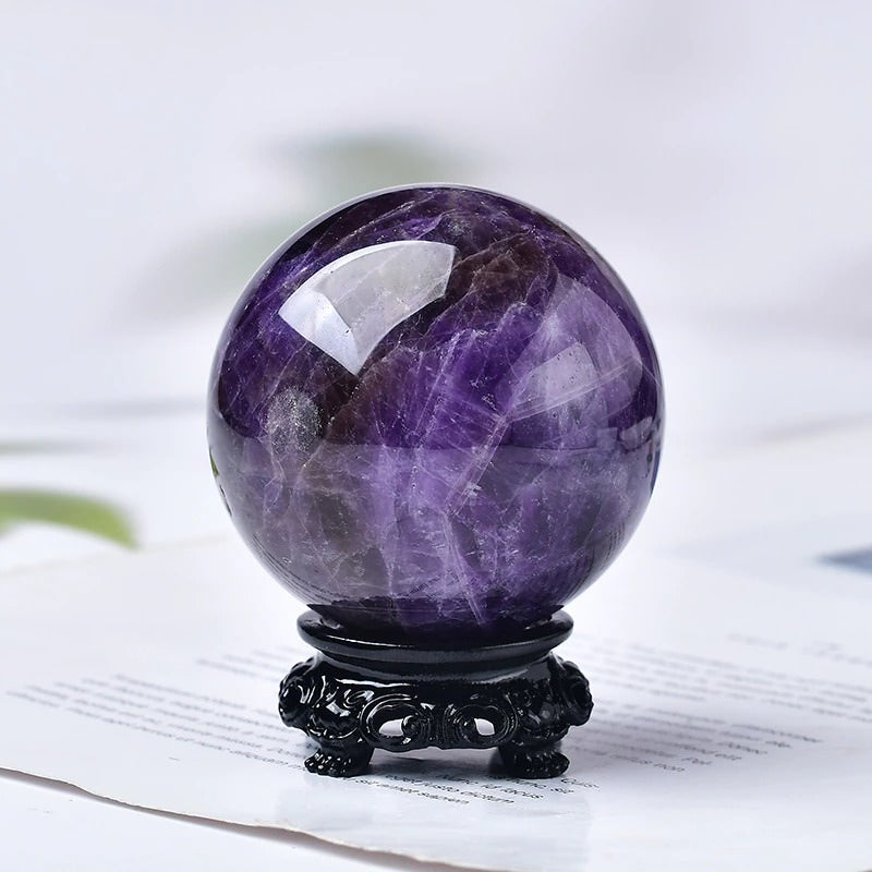 Natural Amethyst Crystal Sphere with Wooden Stand