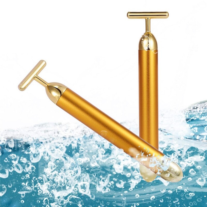 24K Gold T-Bar Facial Roller Massager with Vibration Therapy