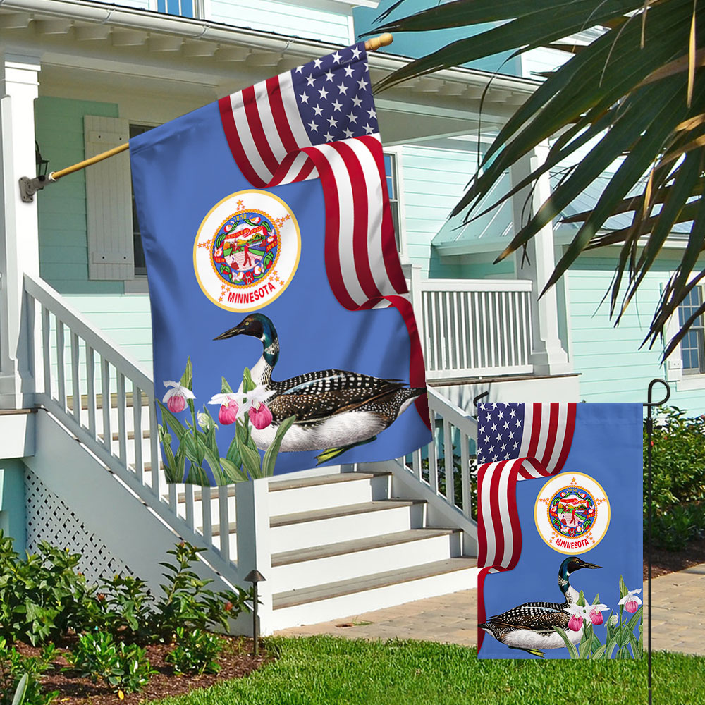 Minnesota State Lady's Slipper Flower and Loon Double-Sided Flag