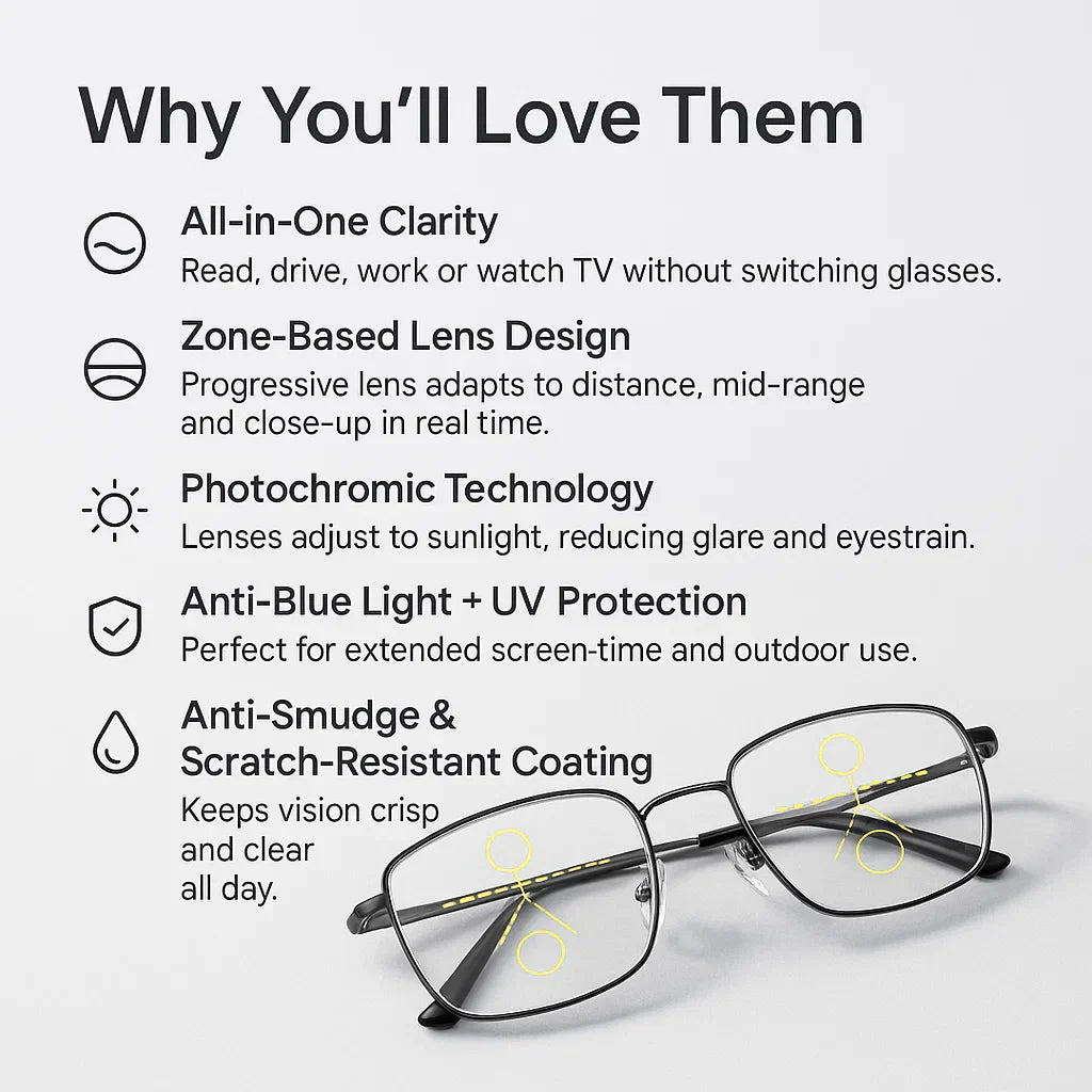 Progressive Multifocal Glasses with Anti-Glare and Blue Light Filtering